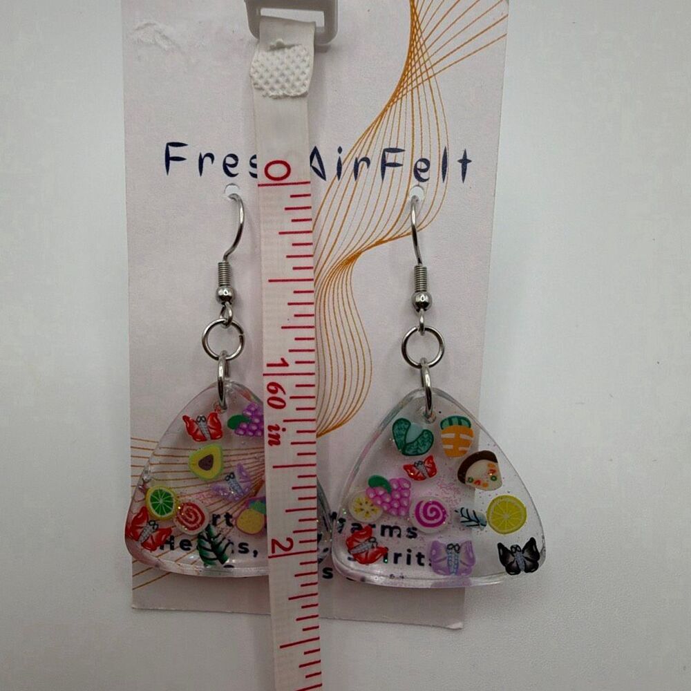 Fruit & butterfly sparkle Unique hand crafted Resin Stainless drop steel earring - Picture 3 of 3